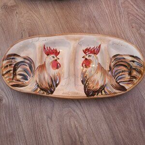 Country Farmhouse Roosters Divided Serving Dish Hand Painted Hand Crafted